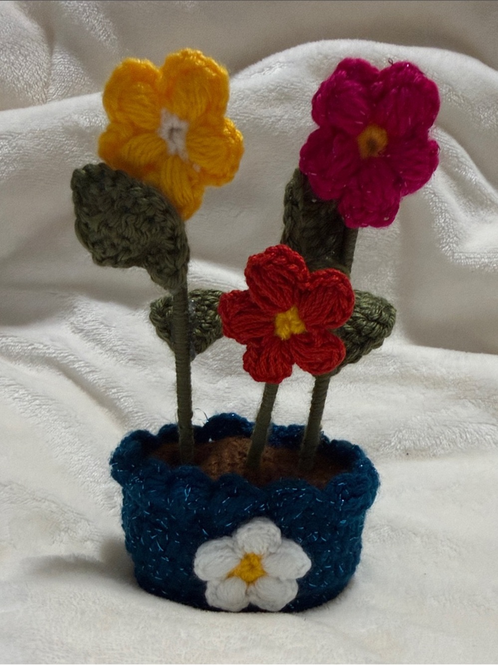 Handmade Crocheted Flower Pot with Multicolor Flowers